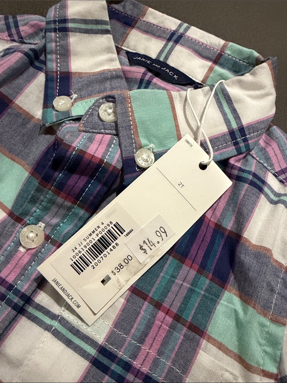 Janie and Jack Mint, Navy & Pink Plaid Button-Down Shirt - Picture 2 of 4